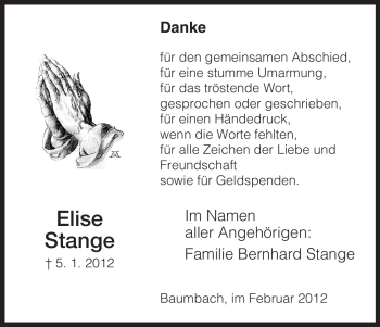 Traueranzeige von Elise Stange von HNA