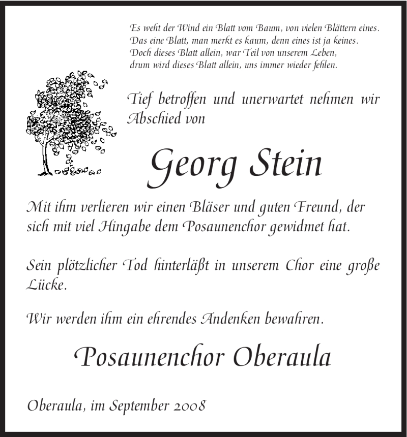  Traueranzeige für Georg Stein vom 20.09.2008 aus HNA