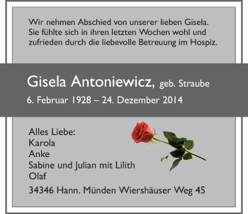 Traueranzeige von Gisela Antoniewicz von HNA