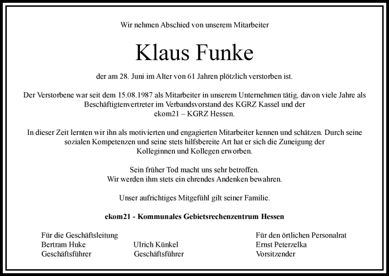  Traueranzeige für Klaus Funke vom 07.07.2012 aus HNA