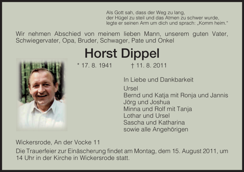  Traueranzeige für Horst Dippel vom 13.08.2011 aus HNA