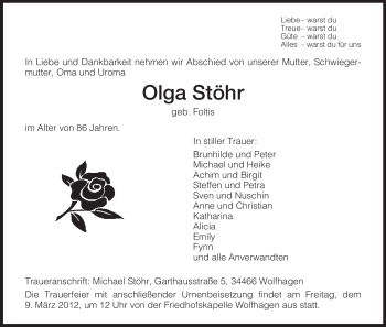Traueranzeige von Olga Stöhr von HNA