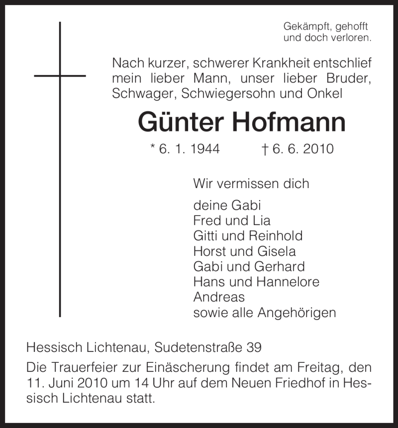  Traueranzeige für Günter Hofmann vom 09.06.2010 aus HNA