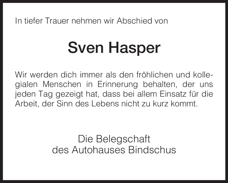  Traueranzeige für Sven Hasper vom 07.10.2009 aus HNA