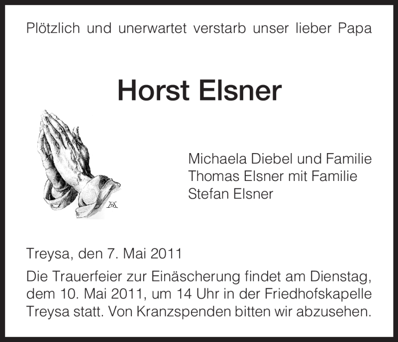  Traueranzeige für Horst Elsner vom 09.05.2011 aus HNA