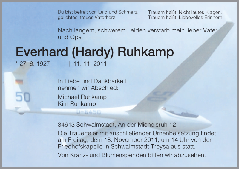  Traueranzeige für Everhard Ruhkamp vom 15.11.2011 aus HNA