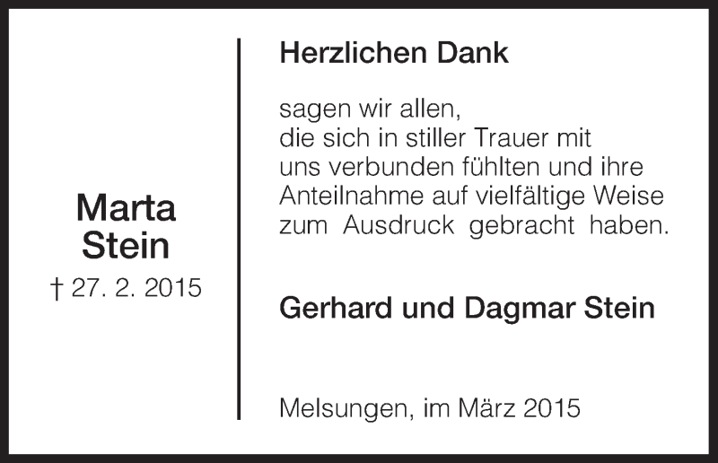  Traueranzeige für Marta Stein vom 21.03.2015 aus HNA