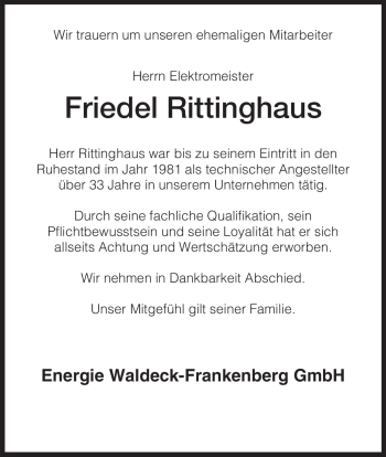 Traueranzeige von Friedel Rittinghaus von HNA