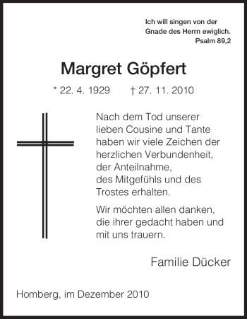 Traueranzeige von Margret Göpfert von HNA