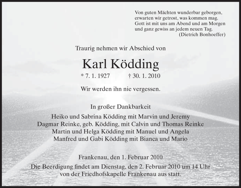  Traueranzeige für Karl Ködding vom 01.02.2010 aus HNA