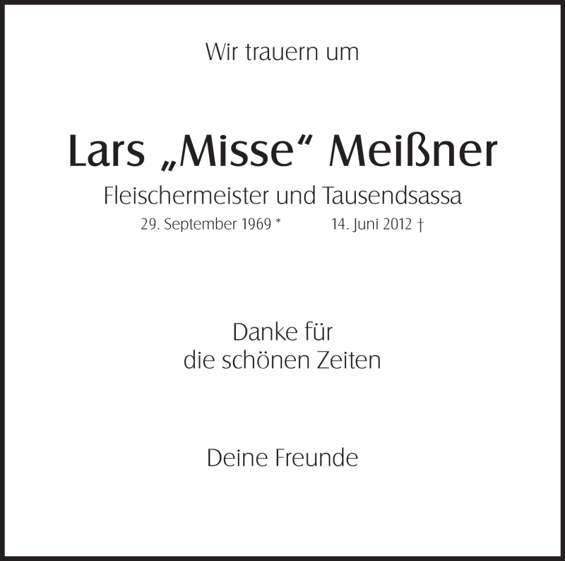  Traueranzeige für Lars Meißner vom 27.06.2012 aus HNA