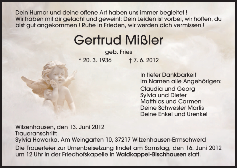  Traueranzeige für Gertrud Mißler vom 13.06.2012 aus HNA