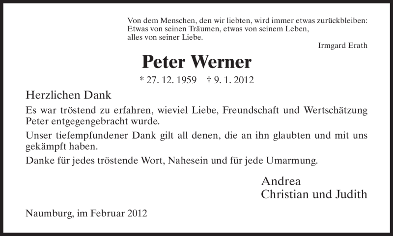  Traueranzeige für Peter Werner vom 04.02.2012 aus HNA