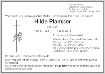 Traueranzeige von Hilde Plamper von HNA