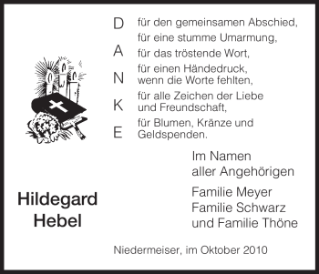 Traueranzeige von Hildegard Hebel von HNA
