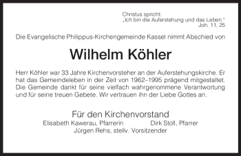 Traueranzeige von Wilhelm Köhler von HNA