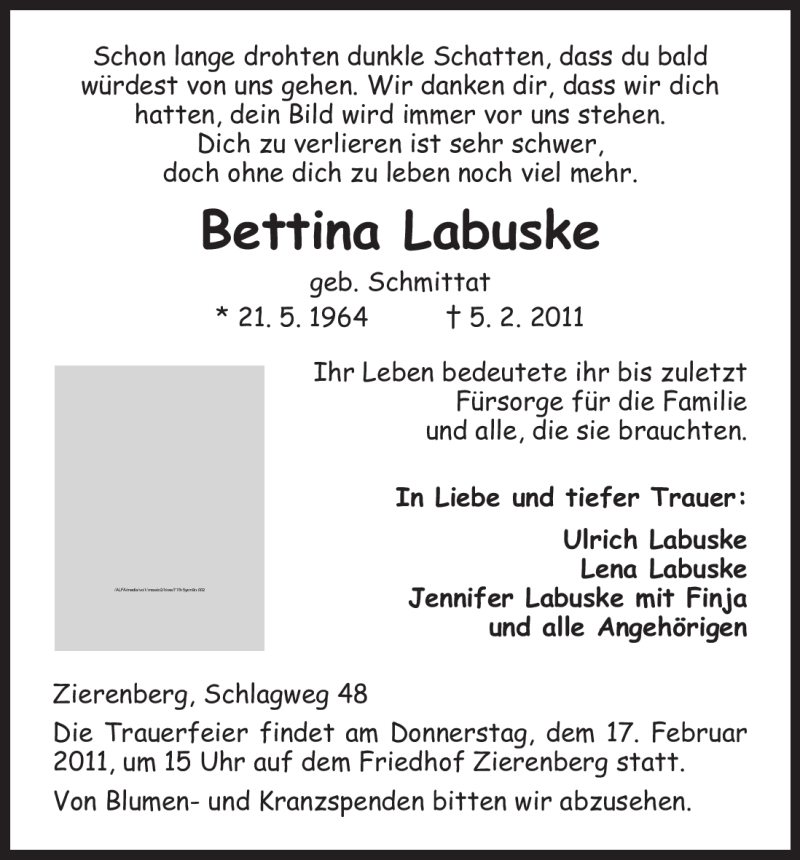  Traueranzeige für Bettina Labuske vom 12.02.2011 aus HNA