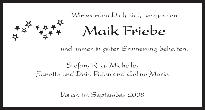  Traueranzeige für Maik Friebe vom 23.09.2008 aus HNA