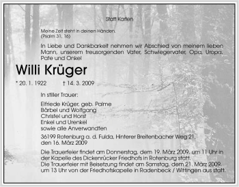 Traueranzeige von Willi Krüger von HNA