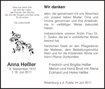Traueranzeige von Anna Heßler von HNA