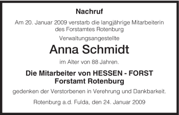 Traueranzeige von Anna Schmidt von HNA
