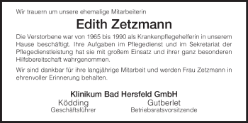 Traueranzeige von Edith Zetzmann von HNA
