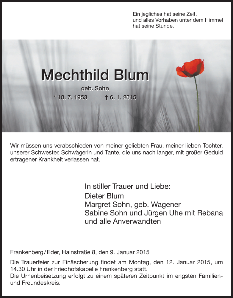  Traueranzeige für Mechthild Blum vom 09.01.2015 aus HNA