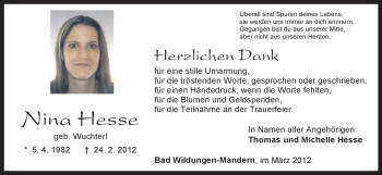 Traueranzeige von Nina Hesse von HNA