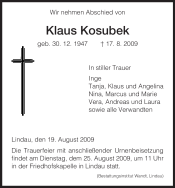 Traueranzeige von Klaus Kosubek von HNA