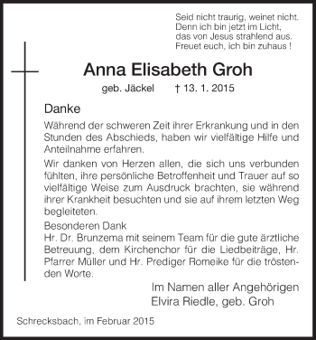 Traueranzeige von Anna Elisabeth Groh von HNA