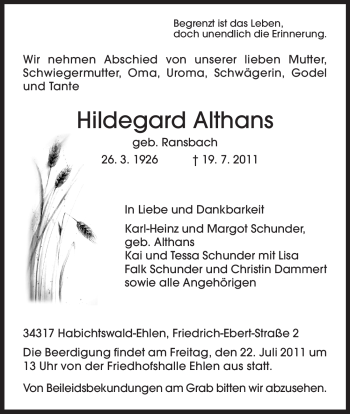 Traueranzeige von Hildegard Althans von HNA