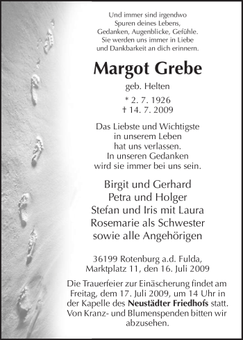 Traueranzeige von Margot Grebe von HNA