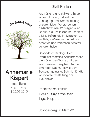 Traueranzeige von Annemarie Kispert von HNA