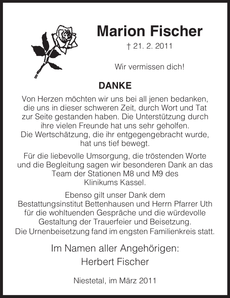  Traueranzeige für Marion Fischer vom 10.03.2011 aus HNA