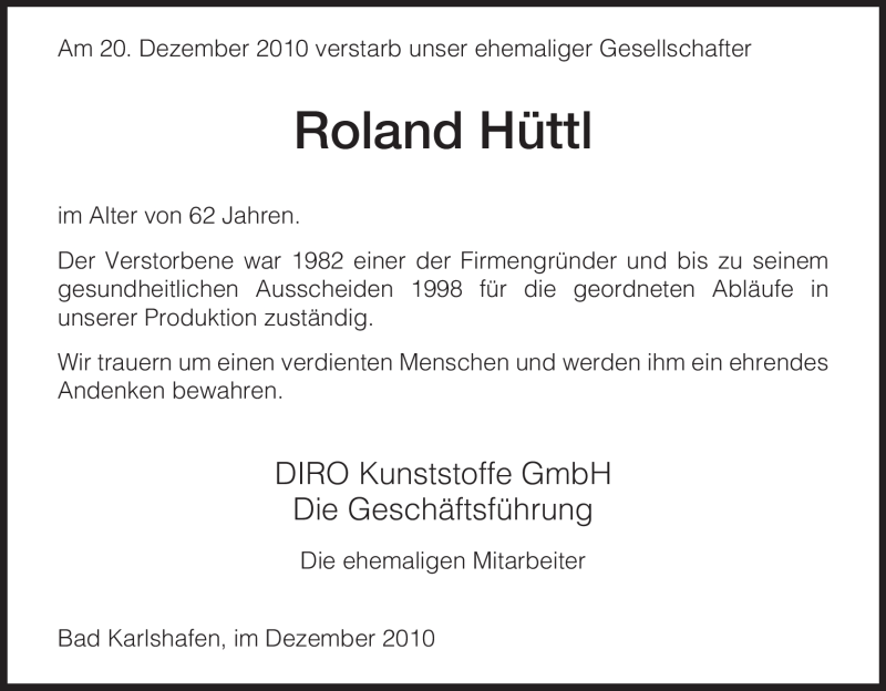  Traueranzeige für Roland Hüttl vom 24.12.2010 aus HNA