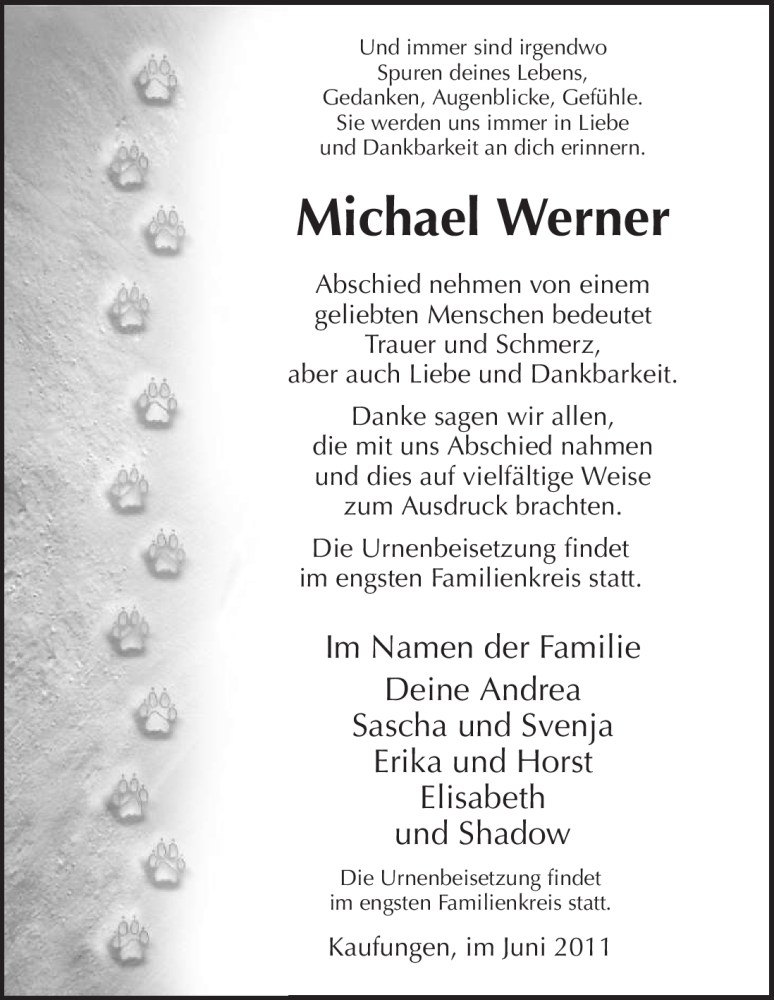  Traueranzeige für Michael Werner vom 11.06.2011 aus HNA