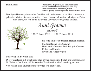 Traueranzeige von Anni Gramm von HNA