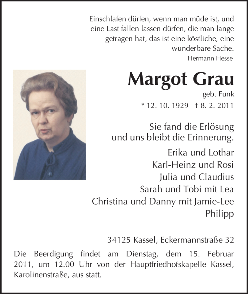  Traueranzeige für Margot Grau vom 12.02.2011 aus HNA