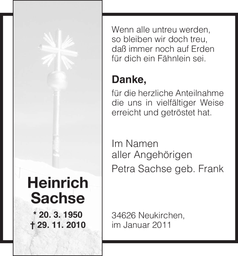  Traueranzeige für Heinrich Sachse vom 08.01.2011 aus HNA