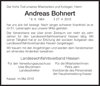 Traueranzeige von Andreas Bohnert von HNA