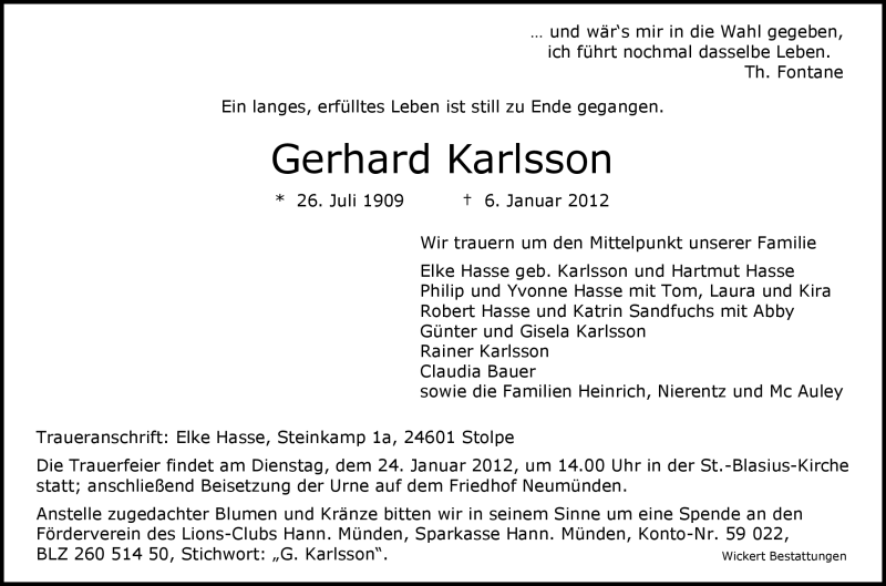  Traueranzeige für Gerhard Karlsson vom 10.01.2012 aus HNA