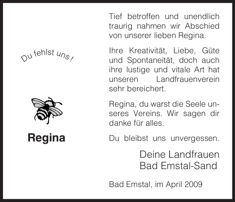  Traueranzeige für Regina Unbekannt vom 11.04.2009 aus HNA