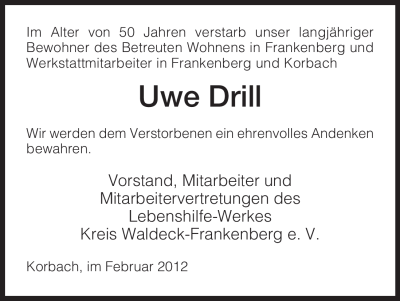  Traueranzeige für Uwe Drill vom 18.02.2012 aus HNA