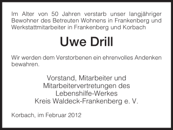 Traueranzeige von Uwe Drill von HNA