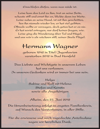 Traueranzeige von Hermann Wagner von HNA