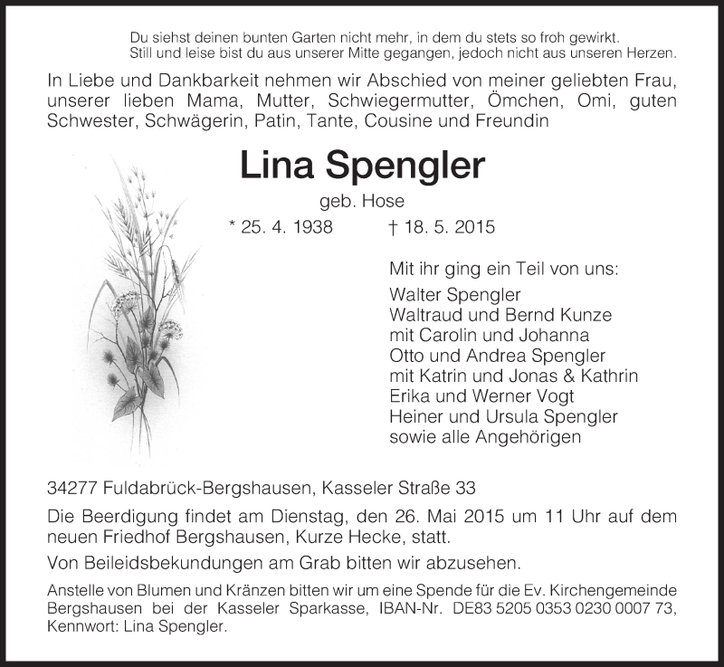  Traueranzeige für Lina Spengler vom 22.05.2015 aus HNA