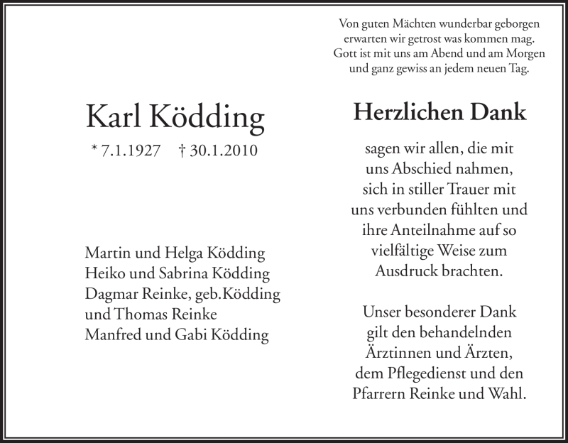  Traueranzeige für Karl Ködding vom 14.02.2010 aus HNA