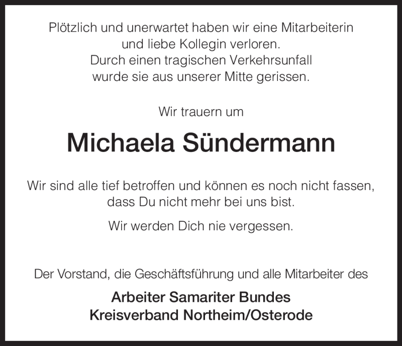  Traueranzeige für Michaela Sündermann vom 03.05.2011 aus HNA