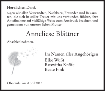 Traueranzeige von Anneliese Blättner von HNA
