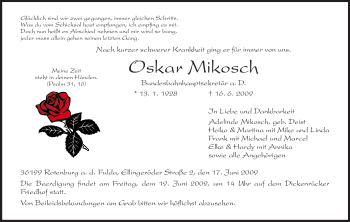 Traueranzeige von Oskar Mikosch von HNA